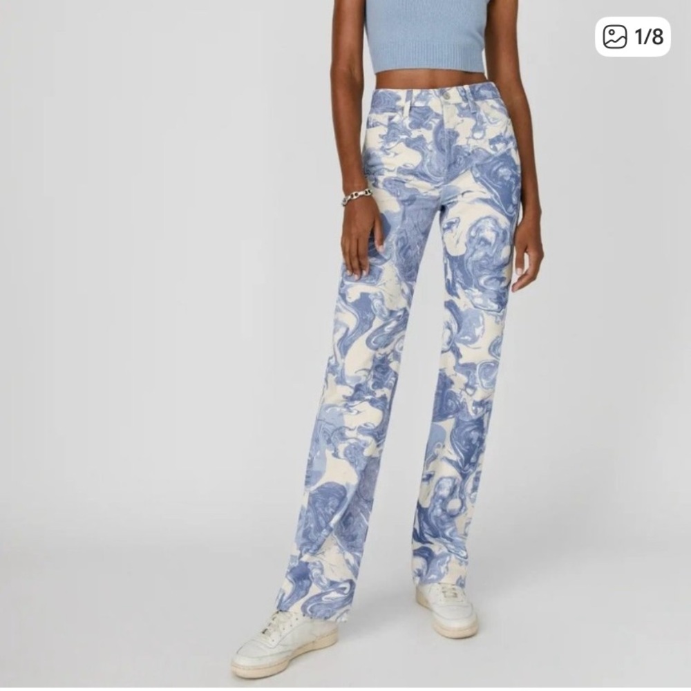 REFORMATION marble high rise straight jeans button fly size 28 blue and white